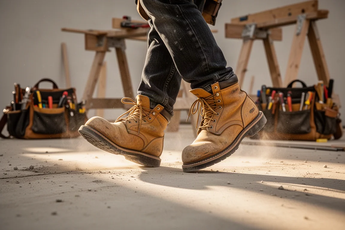 Werker in leren werkschoenen die over een stoffige bouwplaats stapt in warm licht