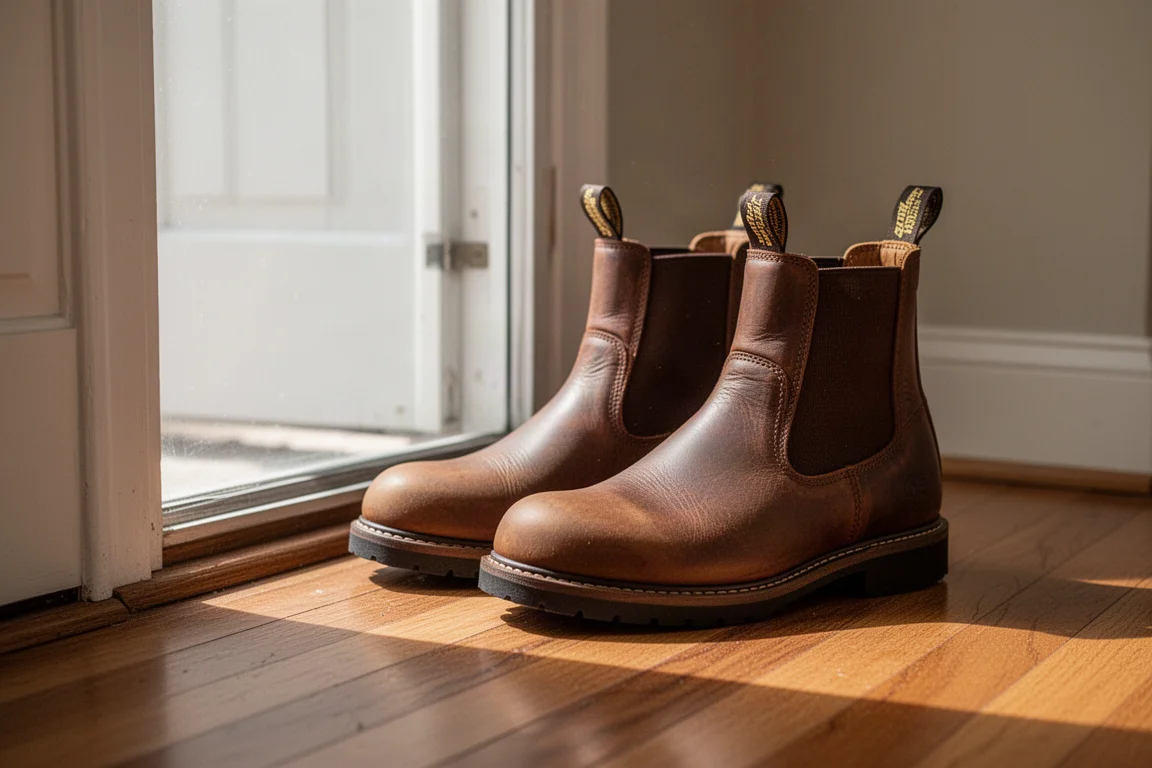 Paar bruine leren Chelsea boots naast een deuropening
