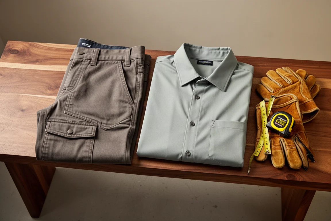 Opgevouwen werkshirt en werkbroek op een houten bank met werkhandschoenen erbij