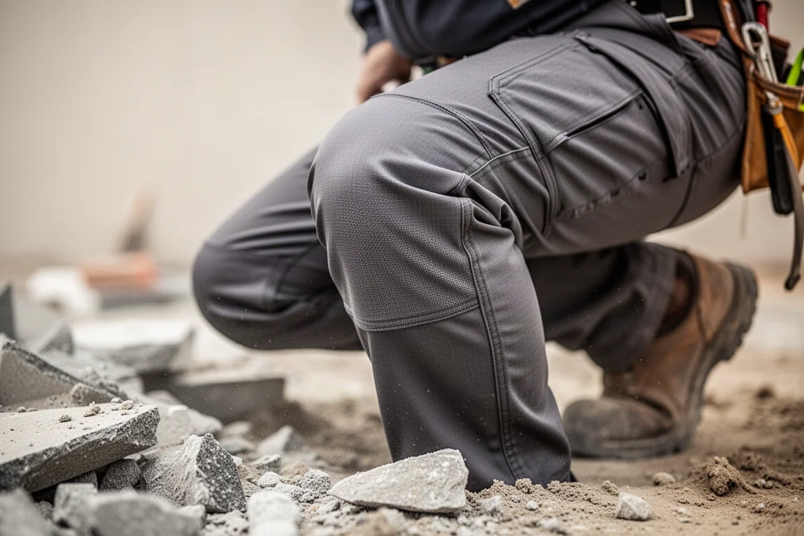 Close-up van een knie van een ripstop werkbroek die buigt tijdens actief werk
