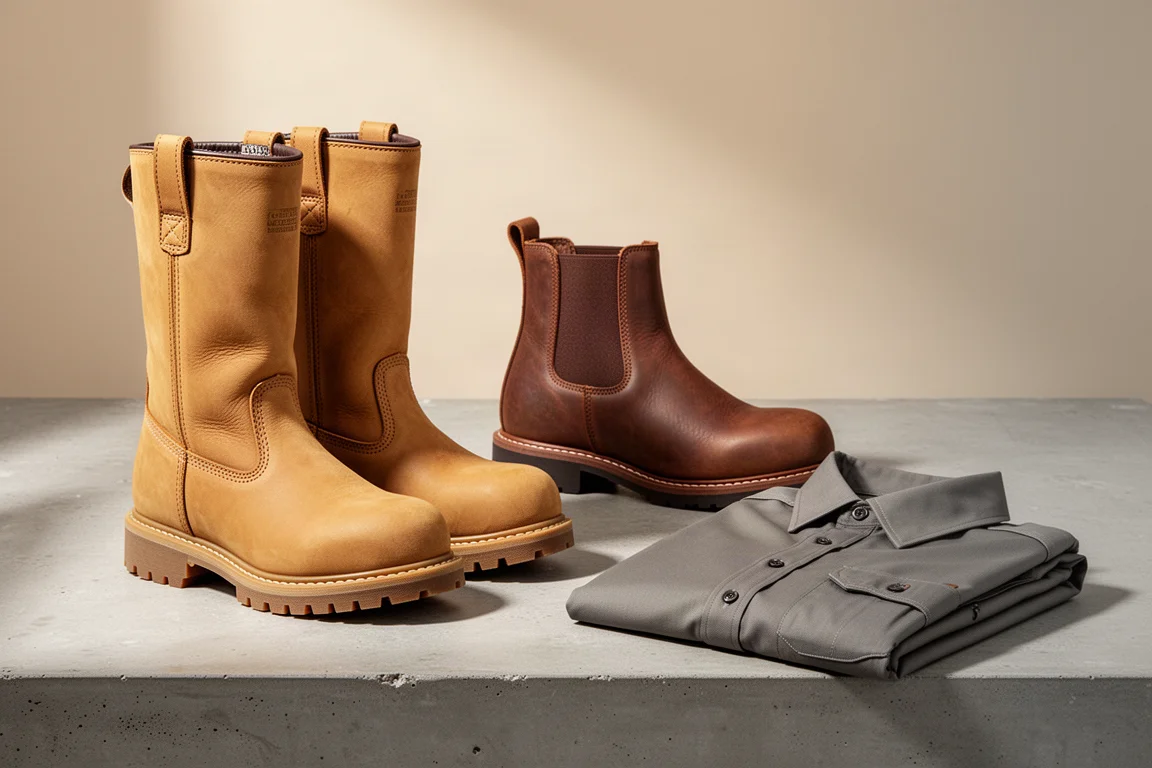 Brunt Marin werkschoenen, Omen Chelsea boots en een werkshirt op beton