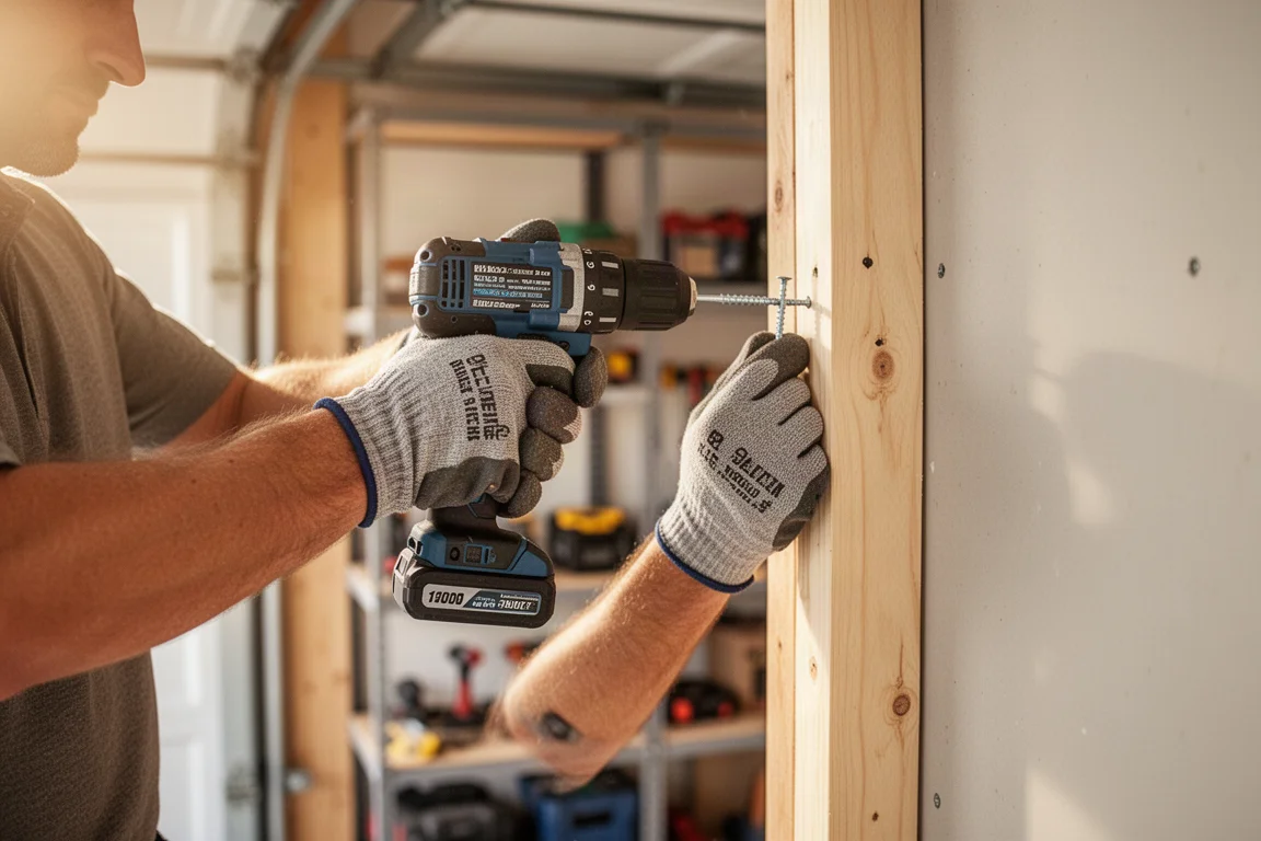 Hausbesitzer bohrt in einer Holzlatte in einer Garagenwerkstatt