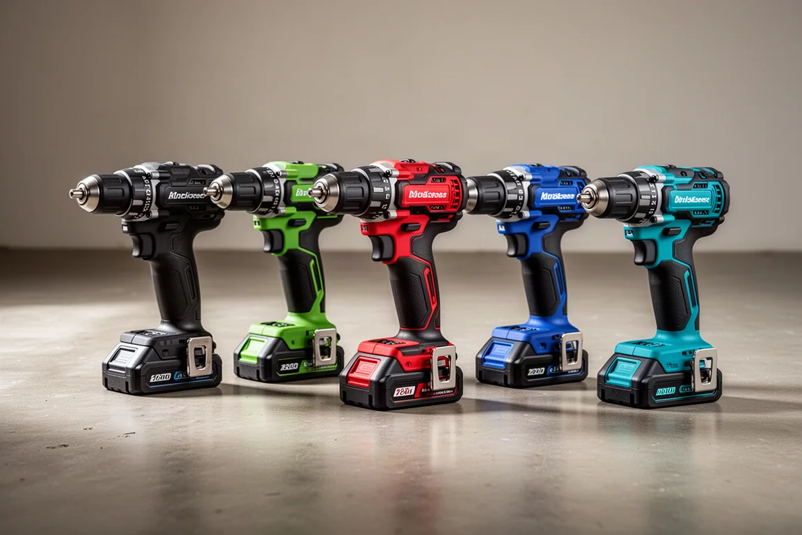 Five cordless drill and impact driver combo kits arranged on a concrete floor
