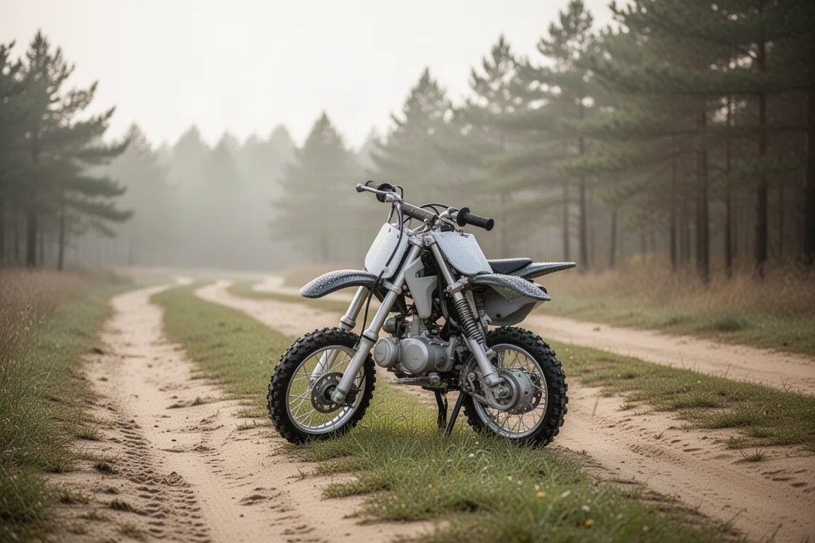 Crossmotorcykel lutad mot ett gräsparti bredvid en landsvägstig i morgonljus