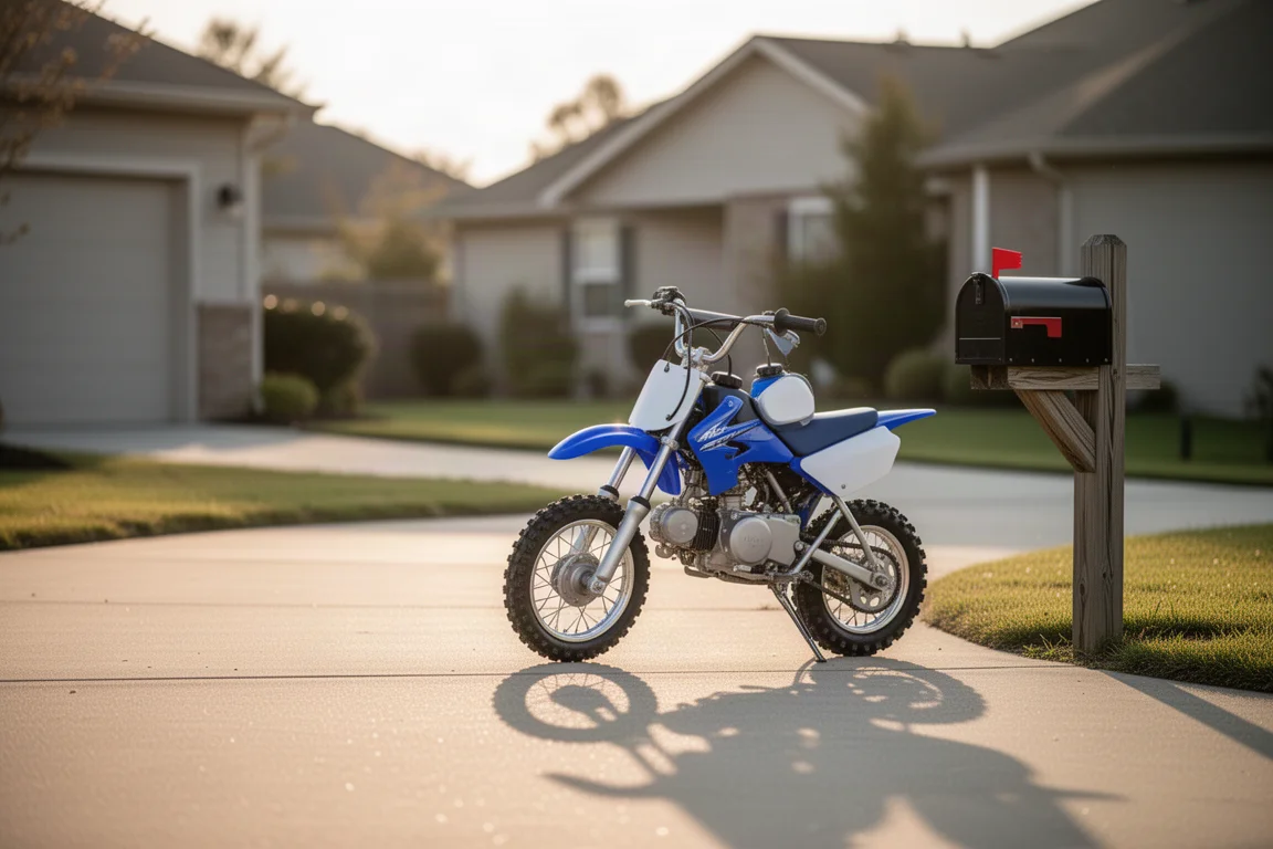 Förare som avslappnat rullar en liten automatisk crossmotorcykel ner för en infart i förorten