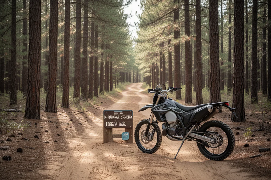 Terängmotorcykel som vilar vid ett startställe i en tallskog med sand under fötterna