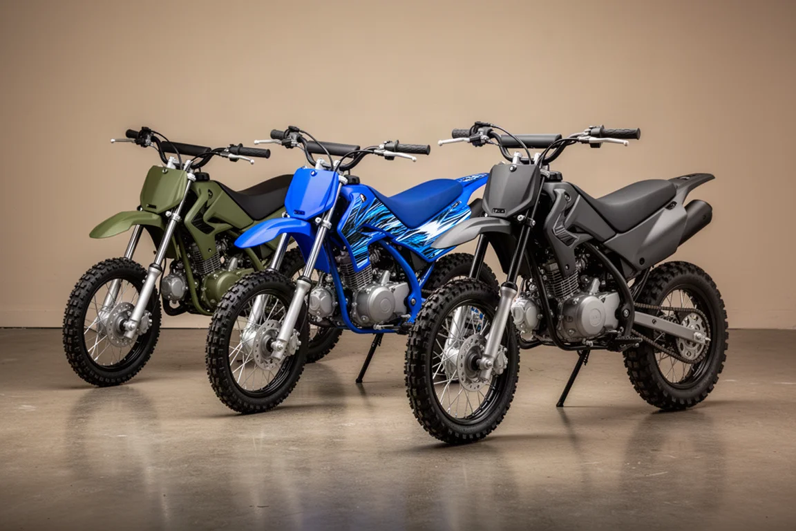 Três motocross 125cc baratas estacionadas em fila em um piso de concreto