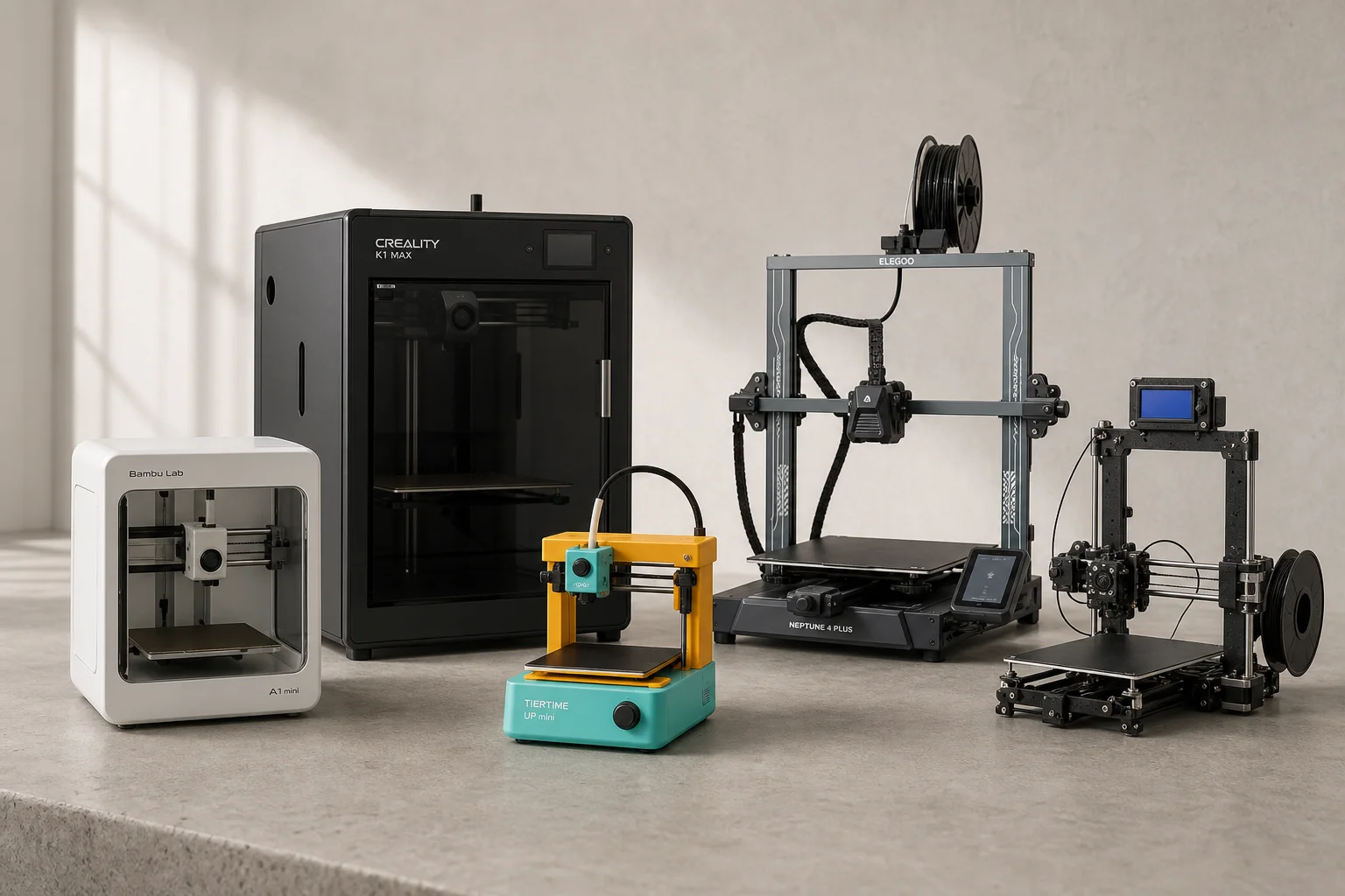 Five 3D printers displayed on concrete surface showing variety of sizes and designs