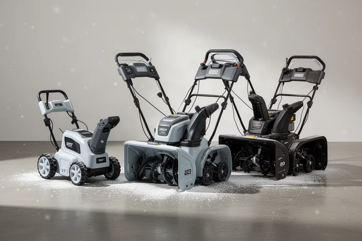 Three single stage 40V snowblowers lined up on a lightly snow-dusted concrete surface