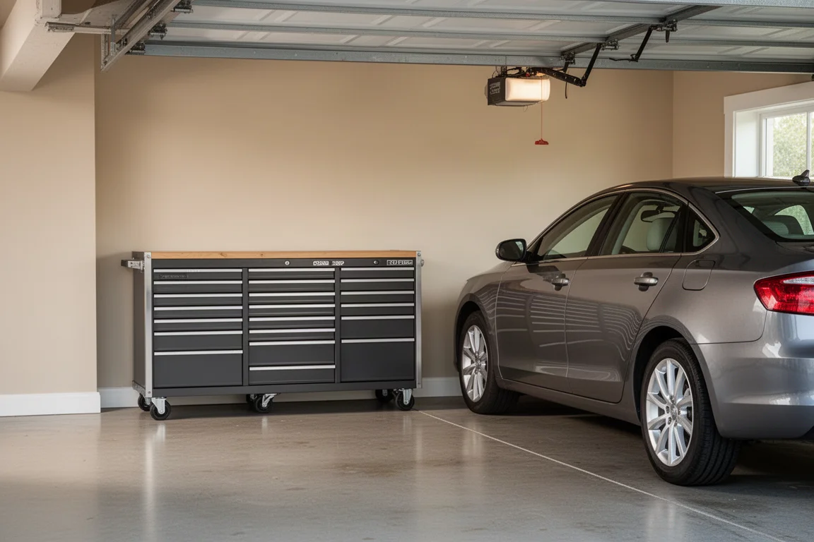 Fahrbarer Werkzeugschrank eng an eine Garagewand geschoben, neben einem geparkten Auto