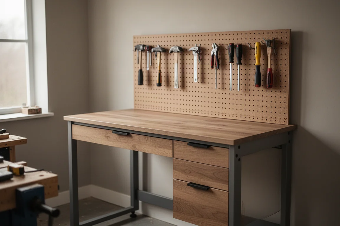 Mobiler Arbeitscenter mit Lochwand-Rückwand und Holzplatte in einer Werkstatt