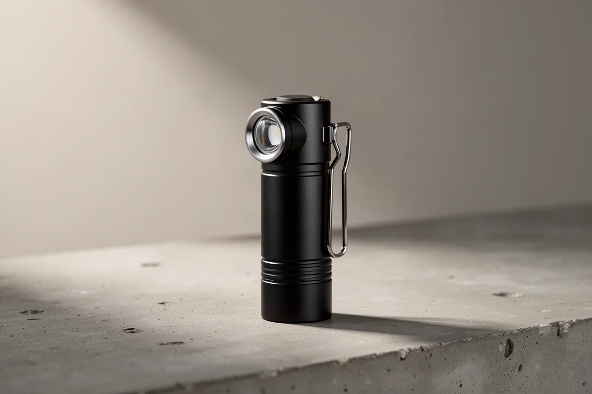 Compact AA flashlight standing upright with a pocket clip on a concrete surface