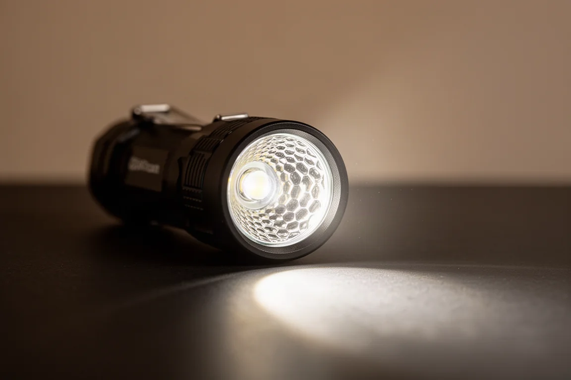 Close-up of a flashlight lens with a honeycomb pattern diffusing a floody beam