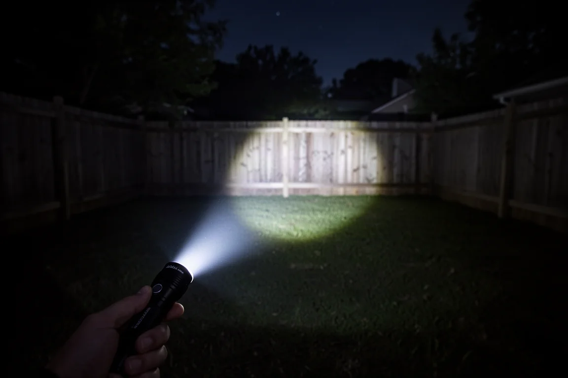 Bright flashlight beam cutting across a dark backyard fence line