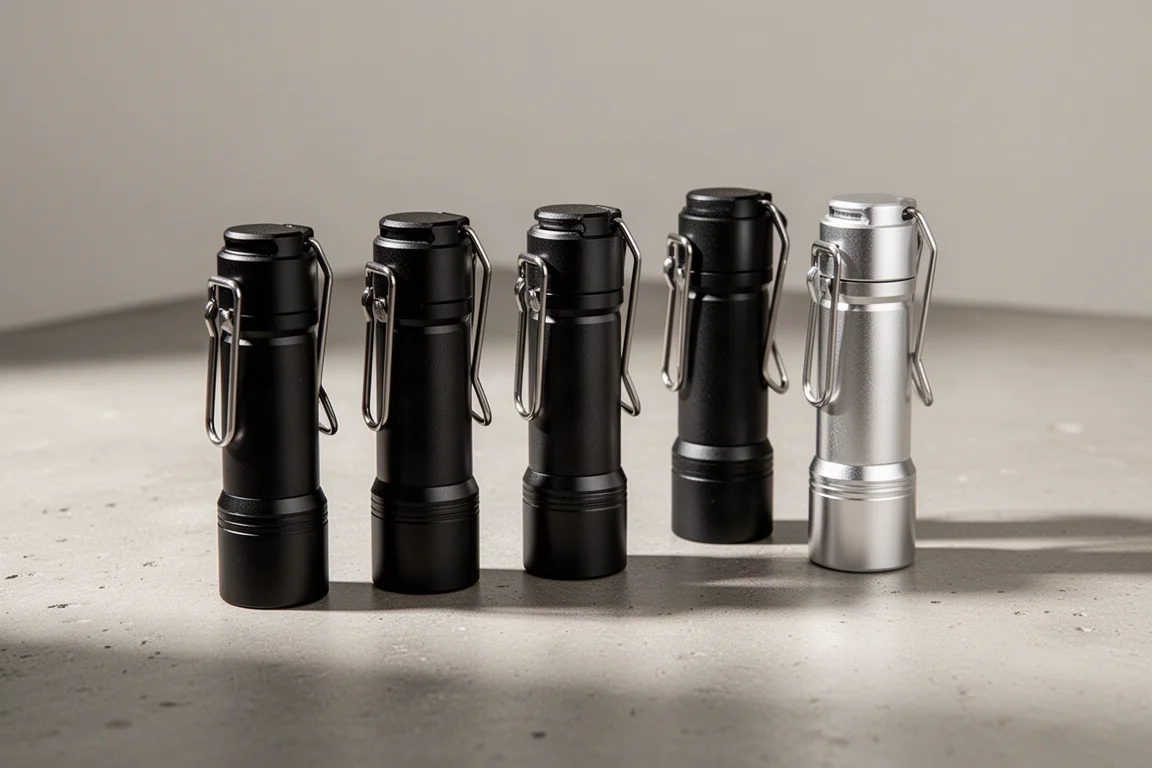 Six compact AA-powered pocket flashlights arranged in a row on a concrete surface