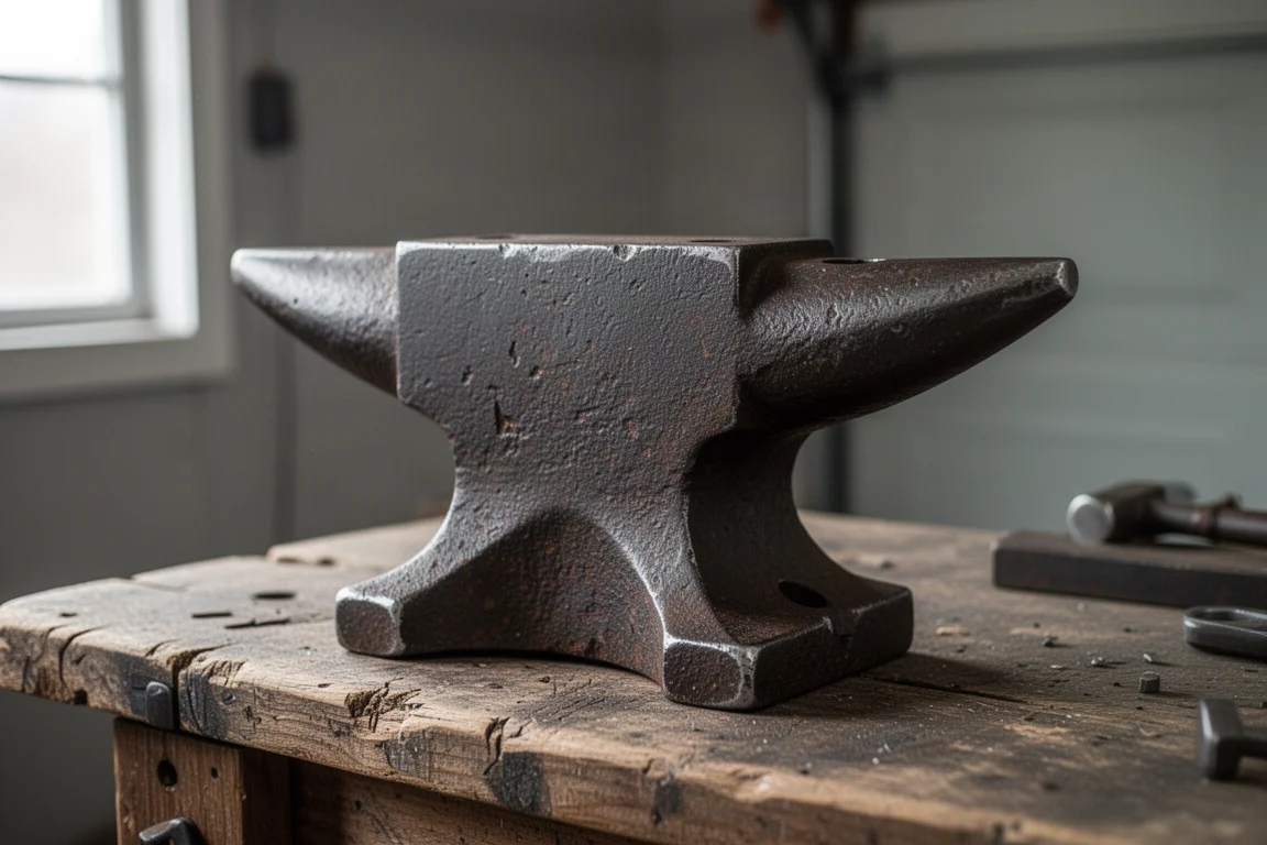 Enclume en fonte brute aux arêtes arrondies et émoussées sur un établi d'atelier encombré