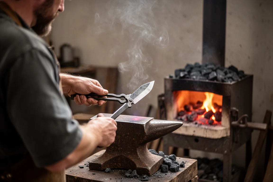 Fabricant de couteaux amateur façonnant une lame sur une enclume avec des tenailles