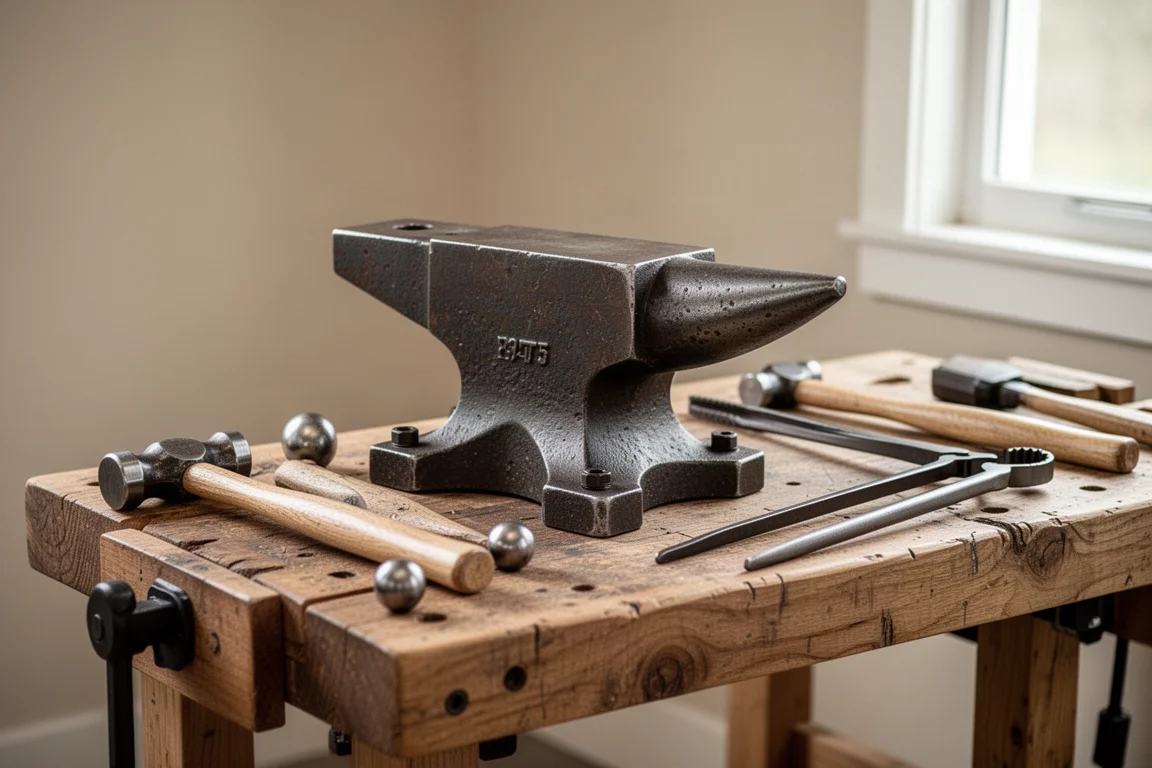 Enclume compacte sur un établi robuste à côté de marteaux et de tenailles dans un atelier maison