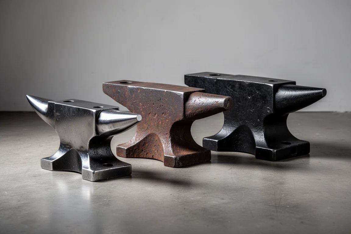 Four budget anvils of different finishes lined up on a concrete workshop floor