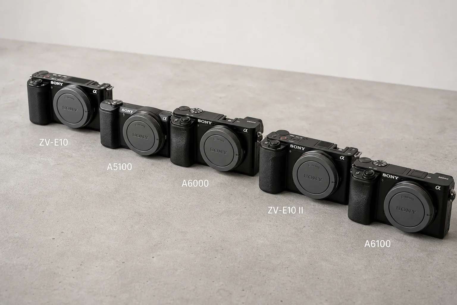 Fem Sony APS-C-kameror uppställda på en betongyta