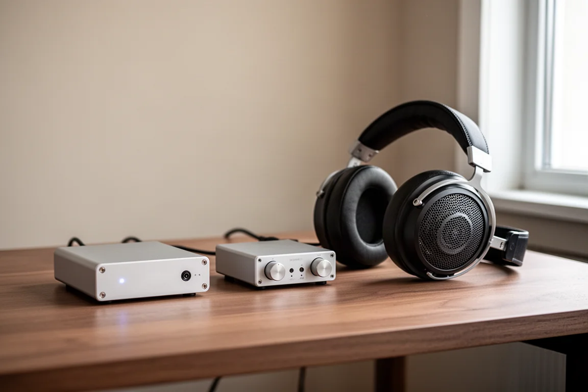 Ein Desktop-Audio-Setup mit einem DAC, Kopfhörerverstärker und Kopfhörern auf einem Holzschreibtisch