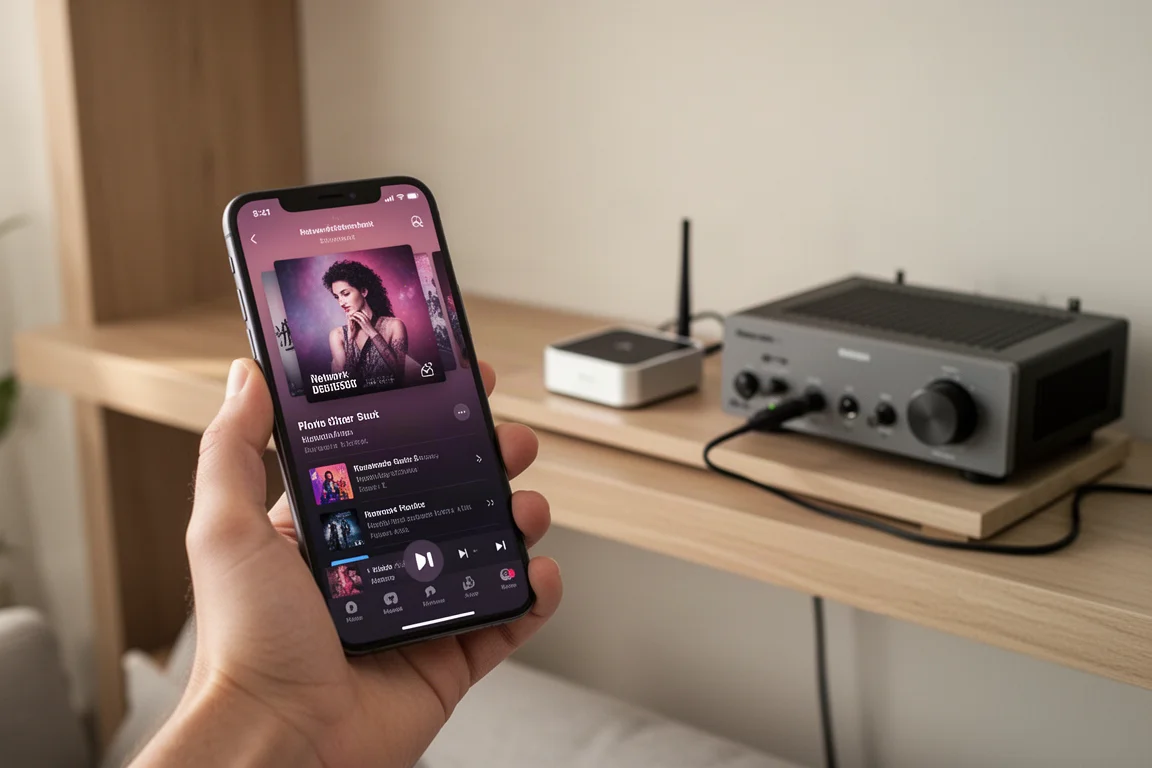 Ein Smartphone, das einen Netzwerk-Streamer in einem Wohnzimmer steuert