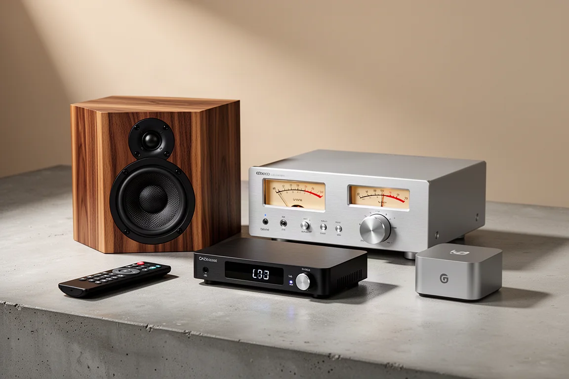A collection of budget audio components including a bookshelf speaker, amplifier, DAC, and streamer on a concrete surface.