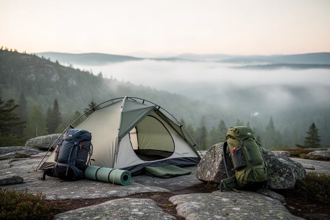 Acampamento alpino ao anoitecer com uma pequena barraca tipo iglu e uma mochila de trilha carregada