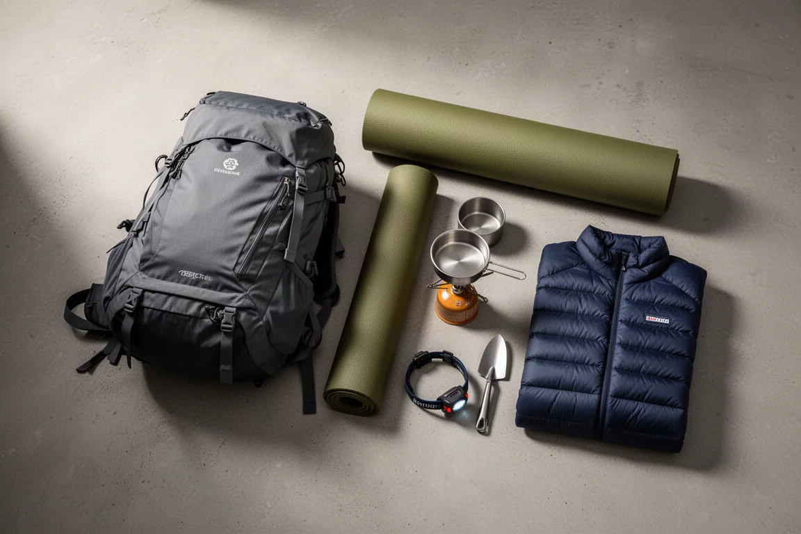 Flat-lay of a backpack, dome tent, sleeping pad, and quilt on concrete