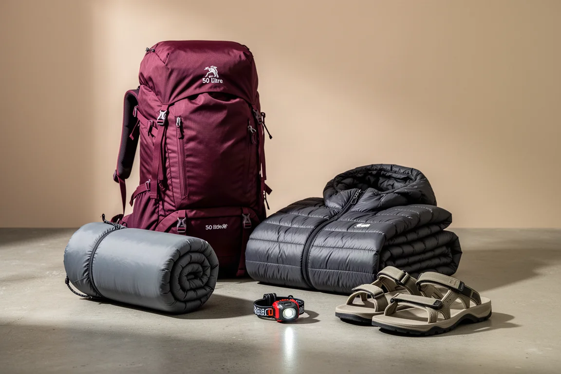 Budget backpacking gear including a maroon backpack, sleeping bag and down hoodie on concrete