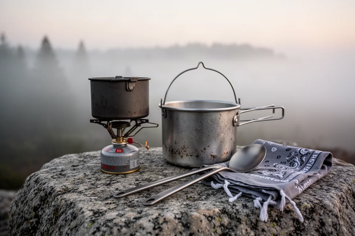 Kampeerkeukenspullen op een granieten plaat bij zonsopgang met mist op de achtergrond
