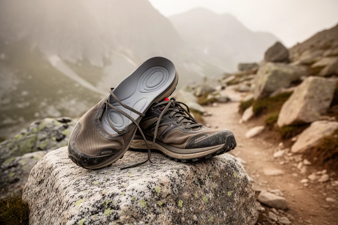 Trailrunningschoenen op een rotsblok, één omgedraaid om de inlegzool te tonen