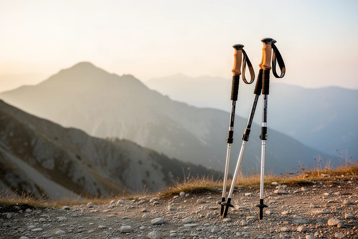 Twee trekkingstokken in grind naast een bergpad in de schemering