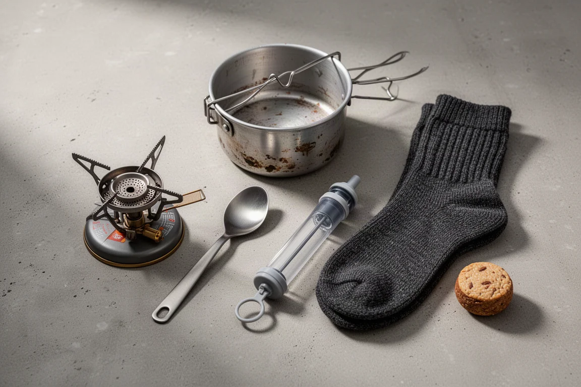 Vue à plat de matériel de randonnée économique : réchaud, casserole, cuillère, filtre et chaussettes