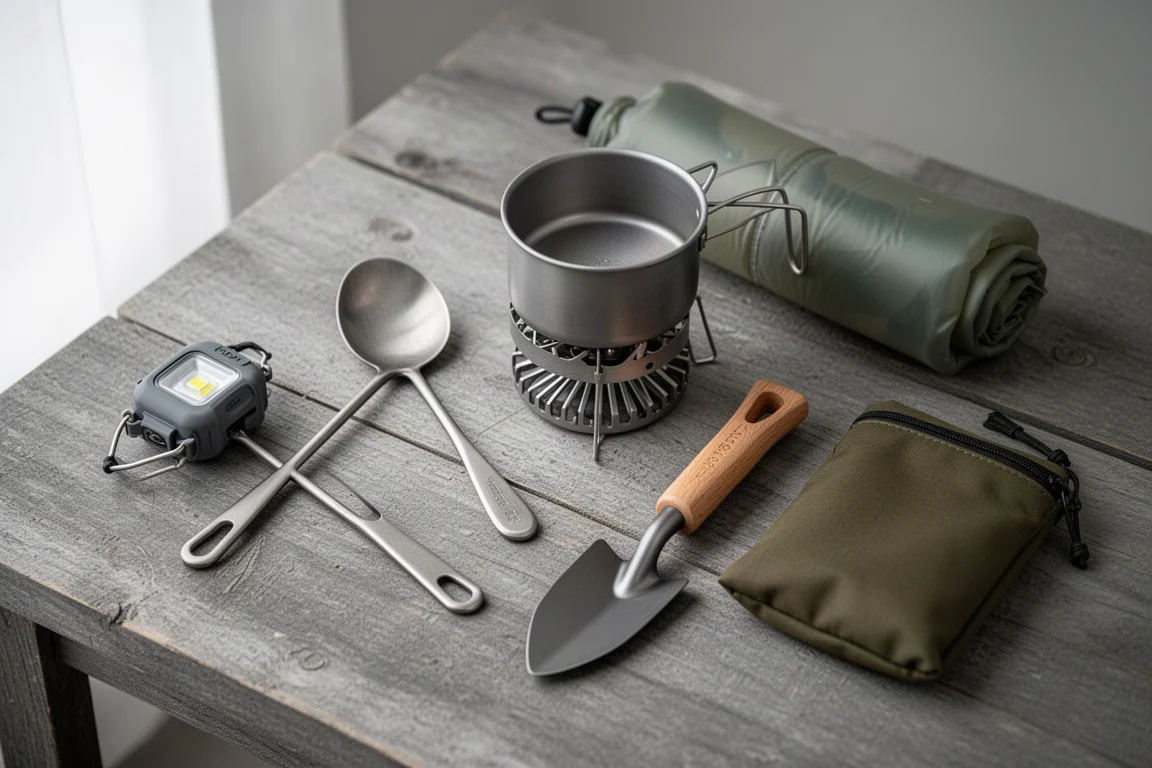 Overhead flat-lay of a backpack, tent, sleeping bag, pad, stove, pot, filter, and jacket