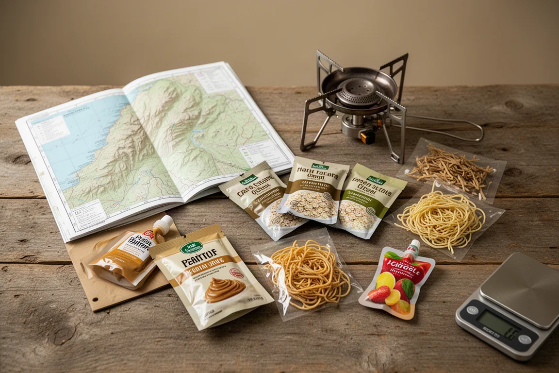 木桌上俯拍俯瞰背包客糧食、一張登山路線圖與一個小型露營爐