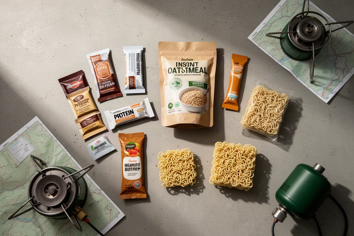 Flat lay of backpacking food including instant coffee, oatmeal, bars, peanut butter and ramen