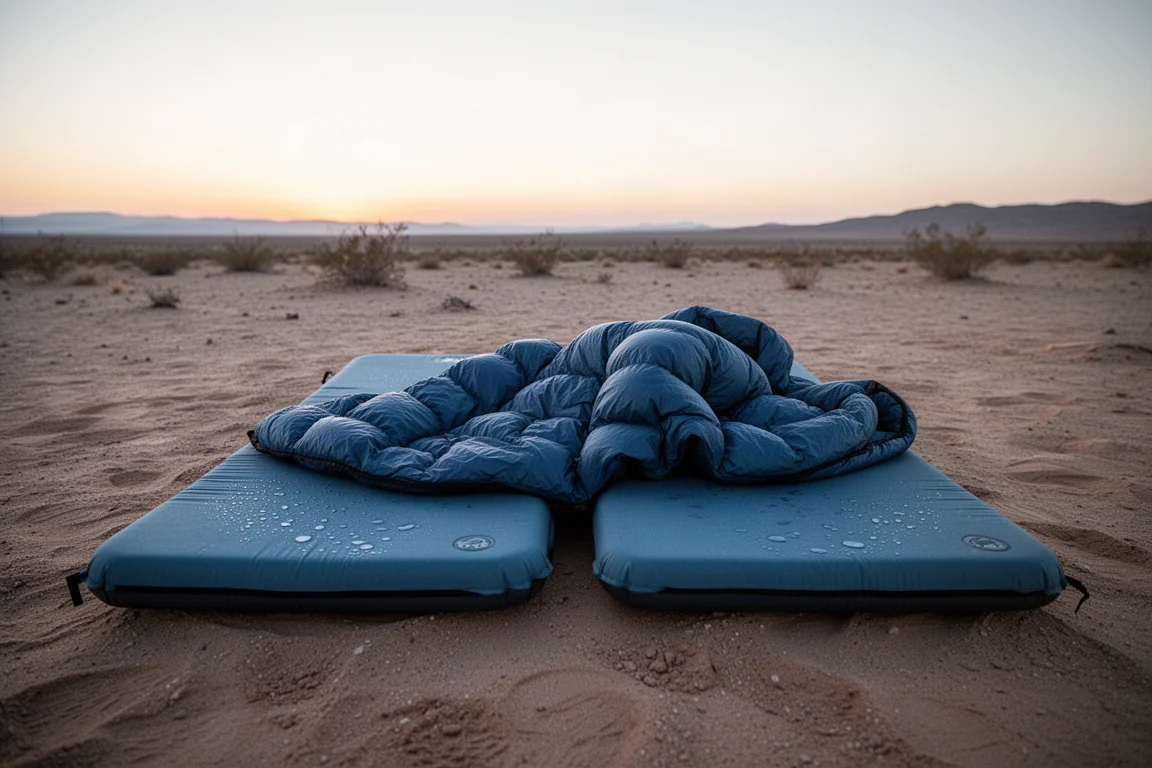 Dos colchonetas colocadas una al lado de la otra al amanecer sobre arena del desierto con una manta encima