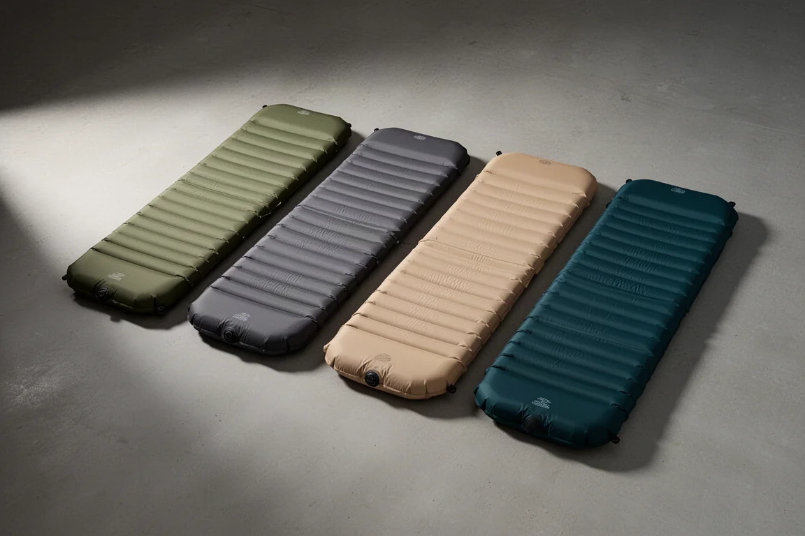Five inflatable backpacking sleeping pads arranged side by side on a concrete floor