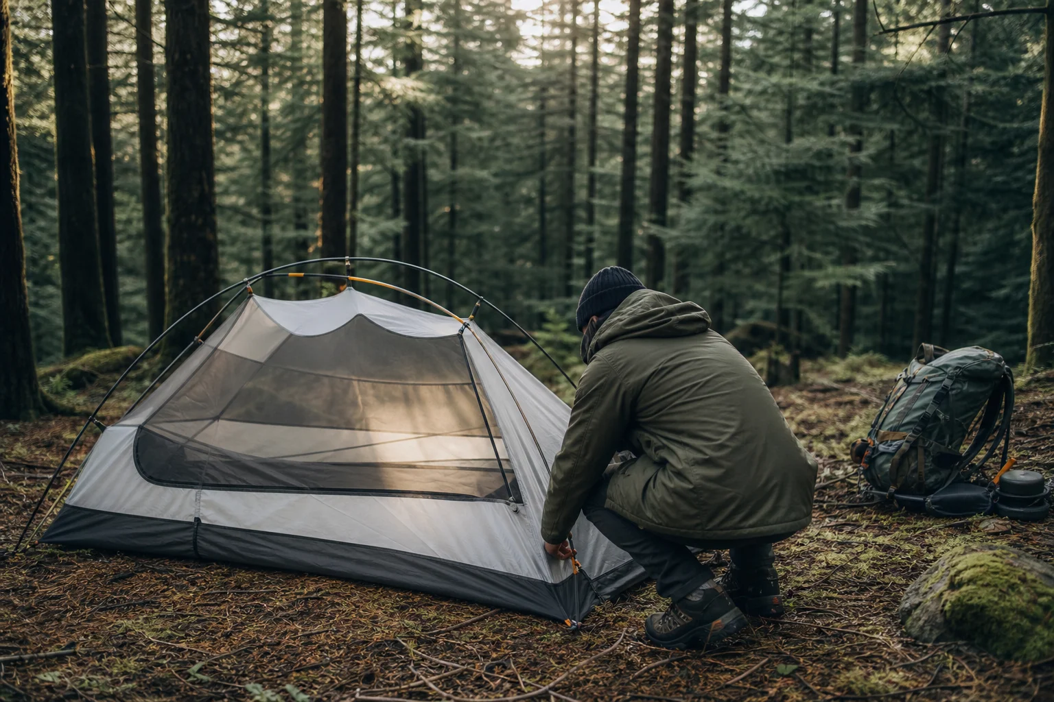 Backpacker sätter upp ett tält på en skogscamping med träd