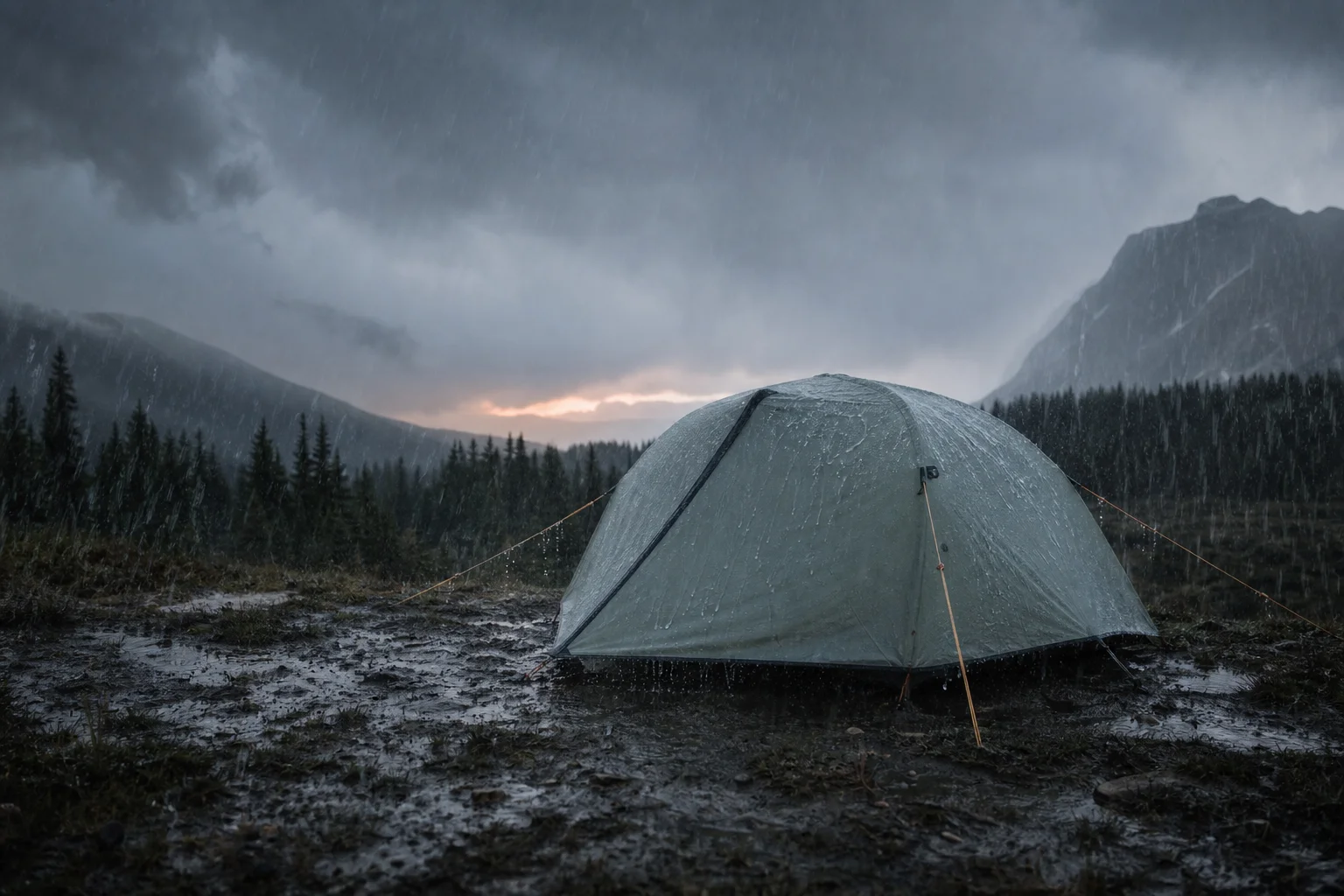 Tält i kraftigt regn med vatten som rinner av yttertältet