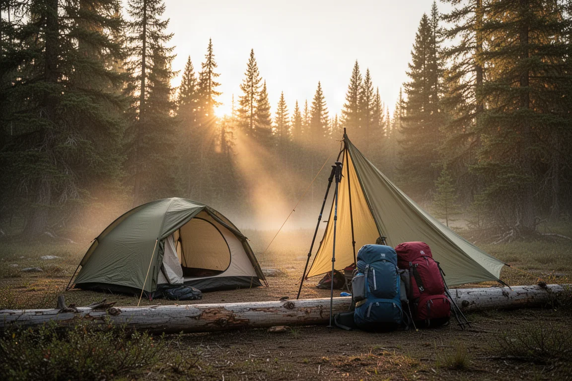 Two backpacking tents pitched in a forest clearing at golden hour with packs nearby