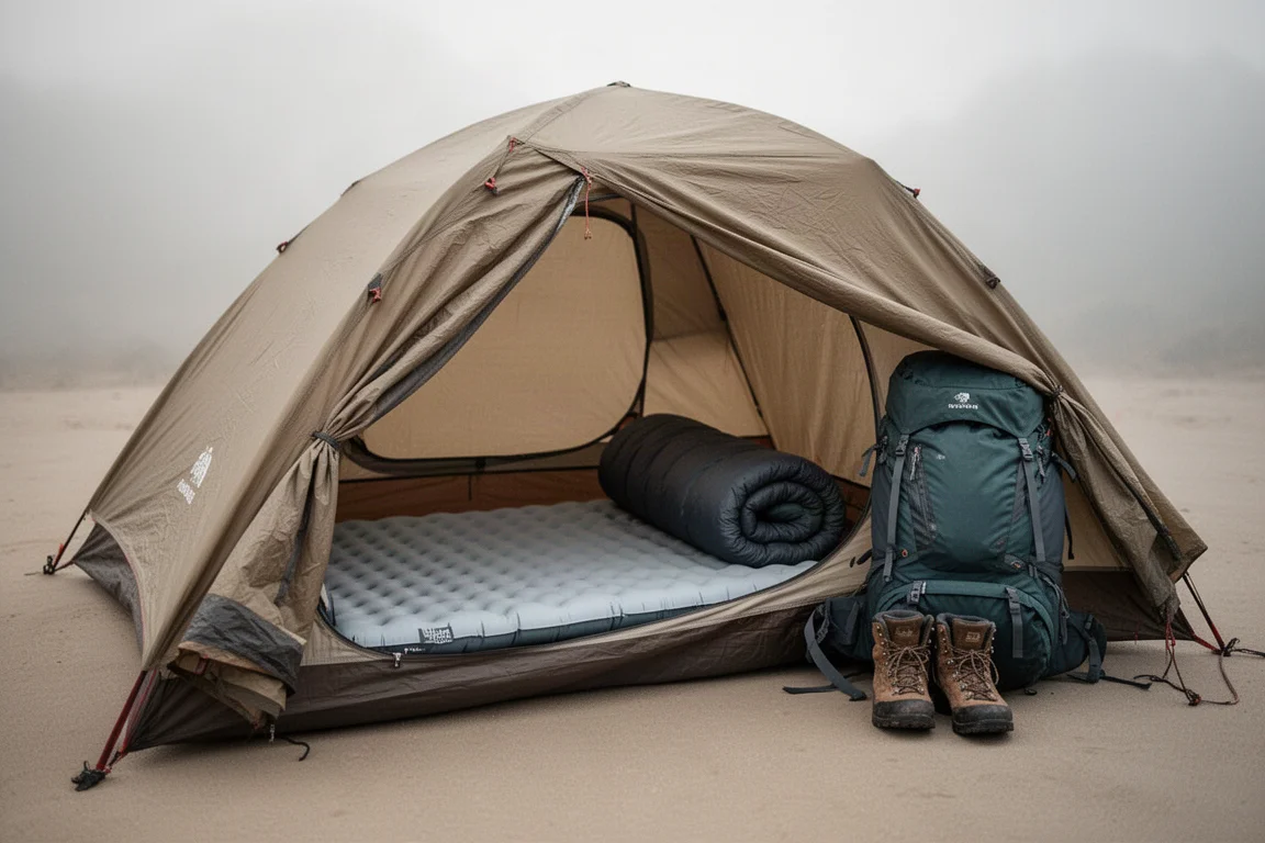 Open tent vestibule with a backpack stowed and a wide sleeping pad visible inside