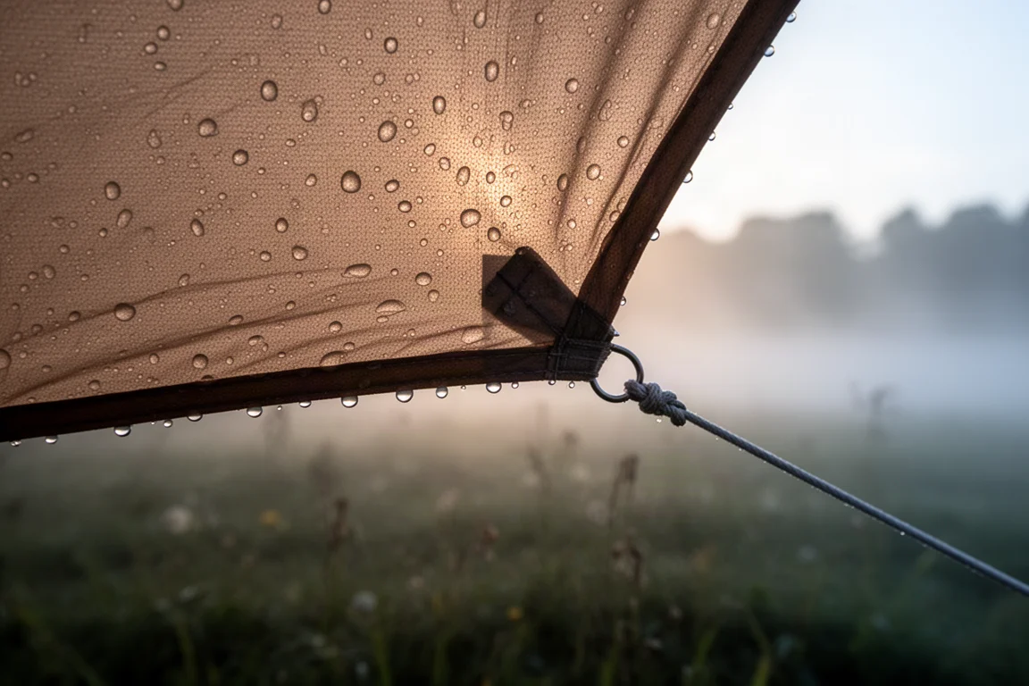 Morning condensation droplets on tent fly fabric backlit by low sun