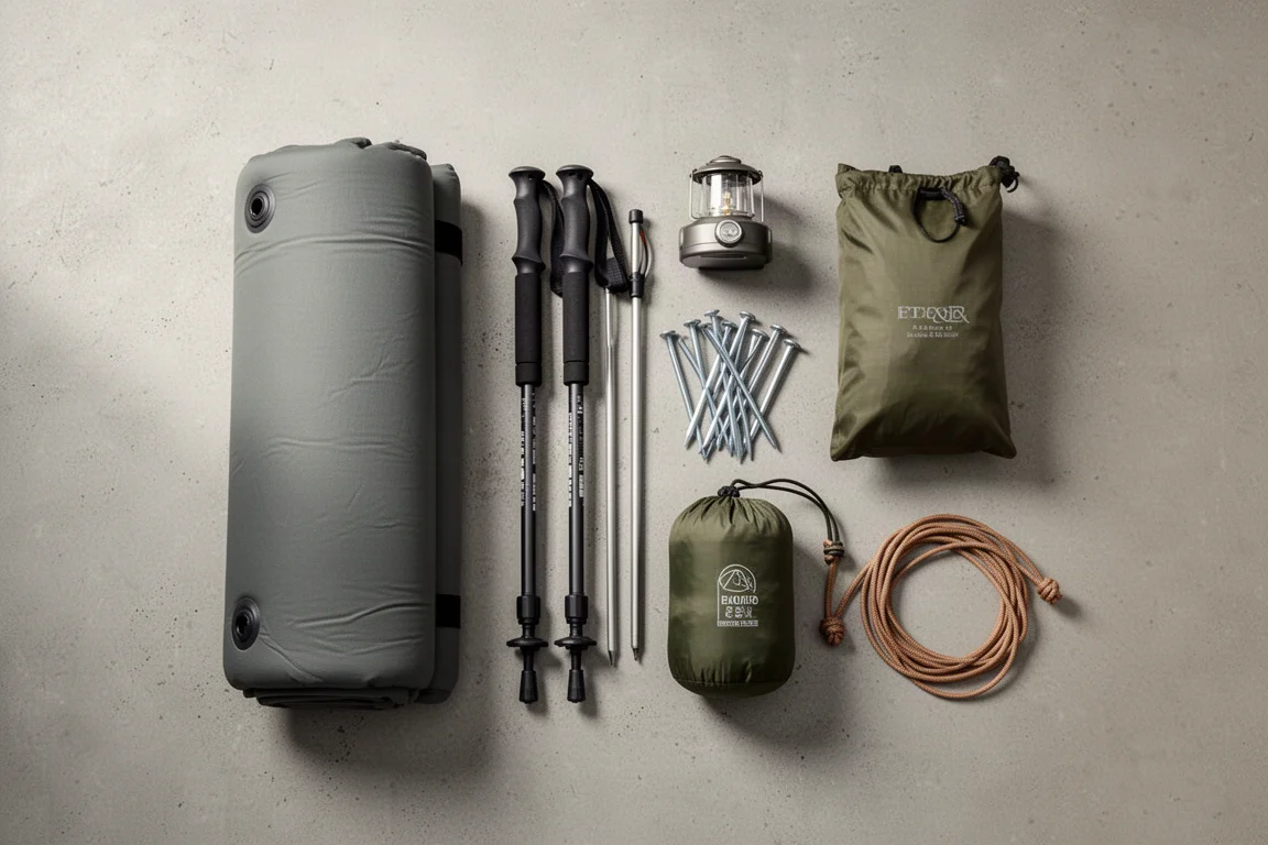 Flat lay of backpacking gear including trekking poles, sleeping pad, and stakes