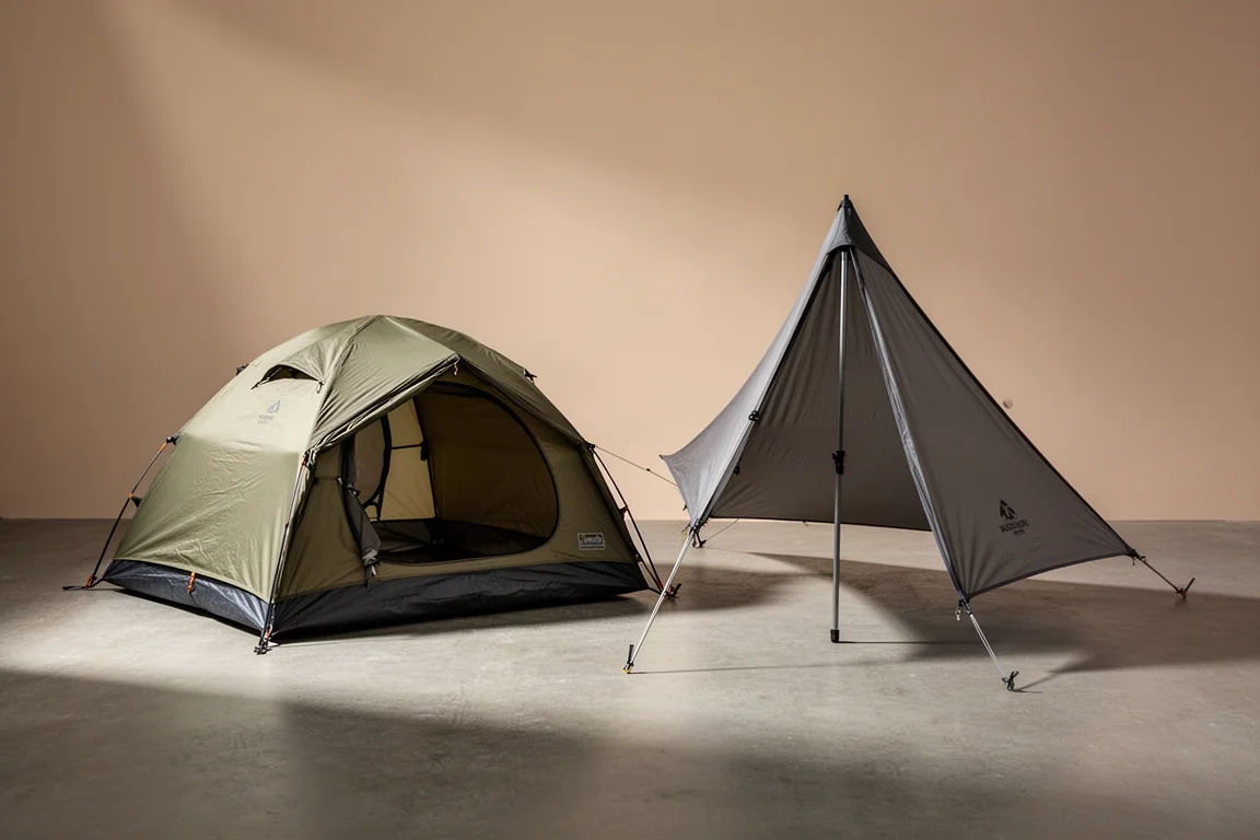 Two backpacking tents, a freestanding solo dome tent and a trekking pole tent, pitched on concrete