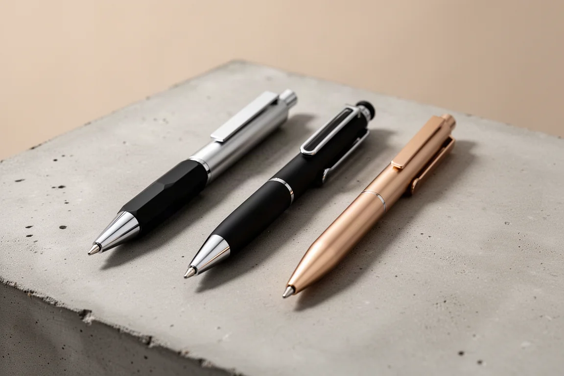 Three slim ballpoint pens arranged side by side on a concrete surface