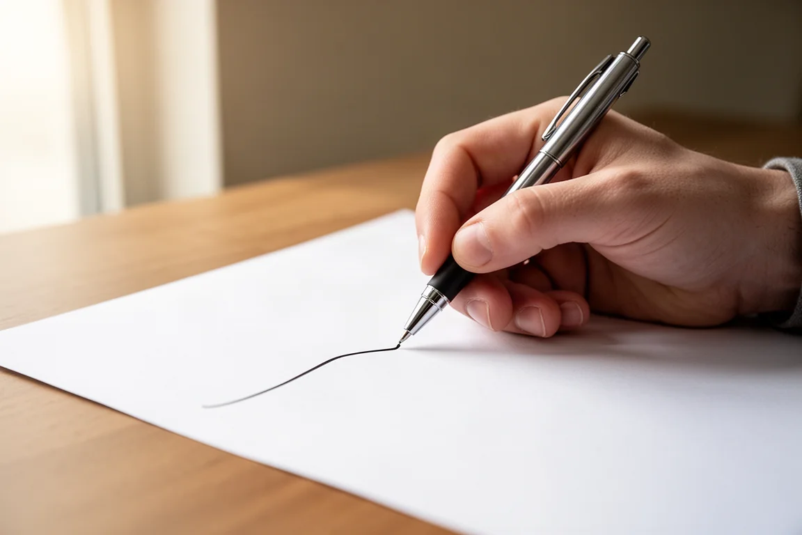 Hand schreibt mit einem Kugelschreiber auf glattem, weißem Papier