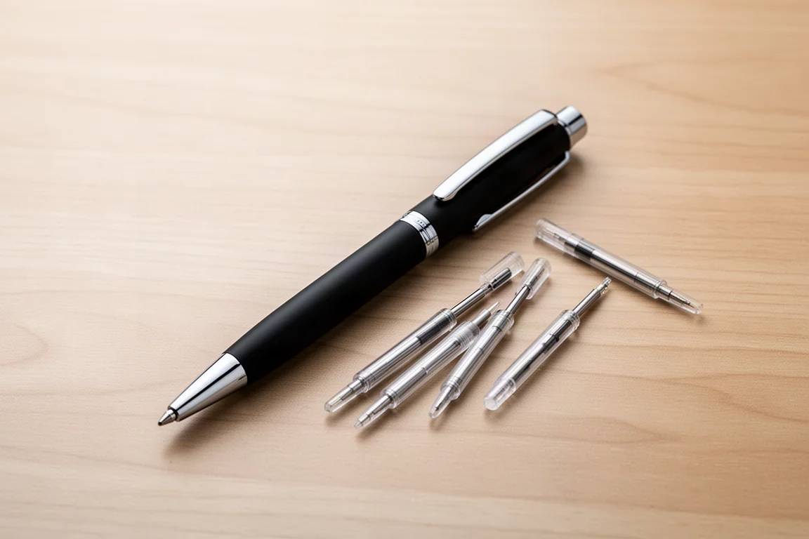 Ersatzminen eines Kugelschreibers neben dem Stift auf einem Schreibtisch