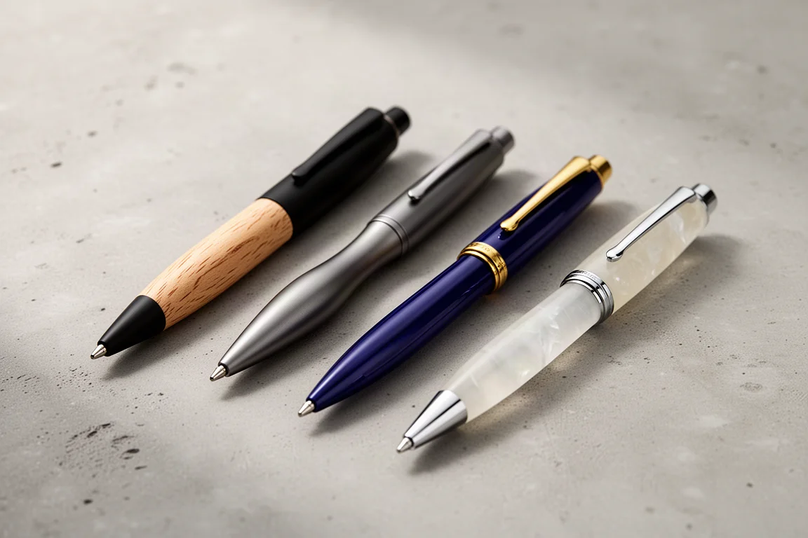 Four elegant ballpoint pens arranged in a diagonal row on a concrete surface